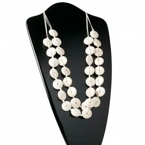 Bleached White Wood Disk Long 2-Strand Necklace with Cotton Cord